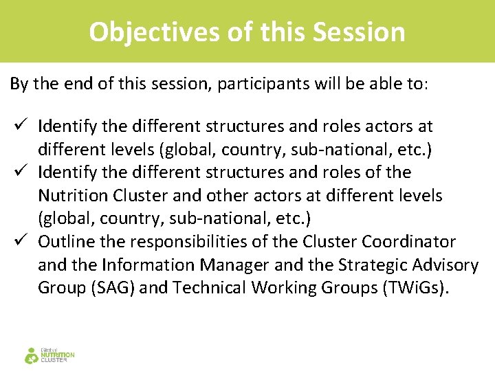 1 5 Nutrition Cluster Structures Objectives of this