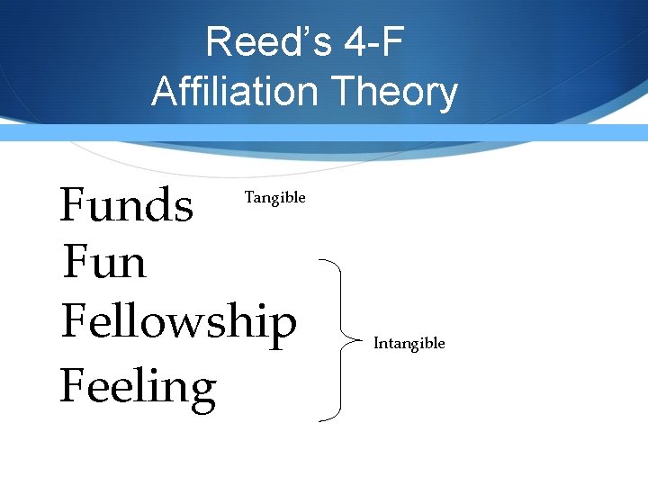 Reed’s 4 -F Affiliation Theory Funds Fun Fellowship Feeling Tangible Intangible Reed’s 4 -F Affiliation Theory Funds Fun Fellowship Feeling Tangible Intangible