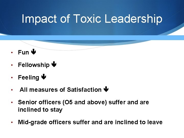 Impact of Toxic Leadership • Fun • Fellowship • Feeling • All measures of Impact of Toxic Leadership • Fun • Fellowship • Feeling • All measures of