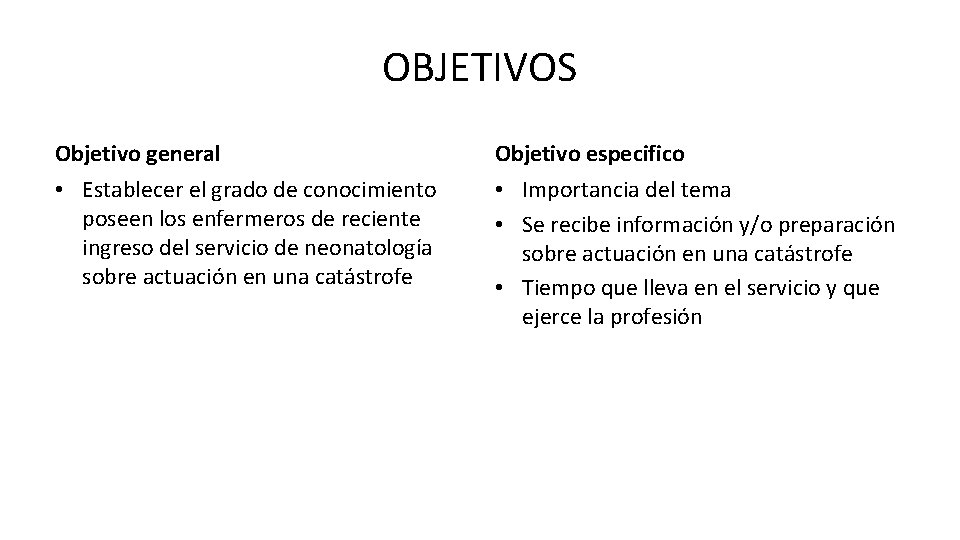 OBJETIVOS Objetivo general Objetivo especifico • Establecer el grado de conocimiento poseen los enfermeros