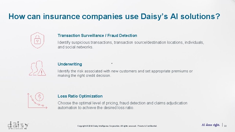 How can insurance companies use Daisy’s AI solutions? Transaction Surveillance / Fraud Detection Identify