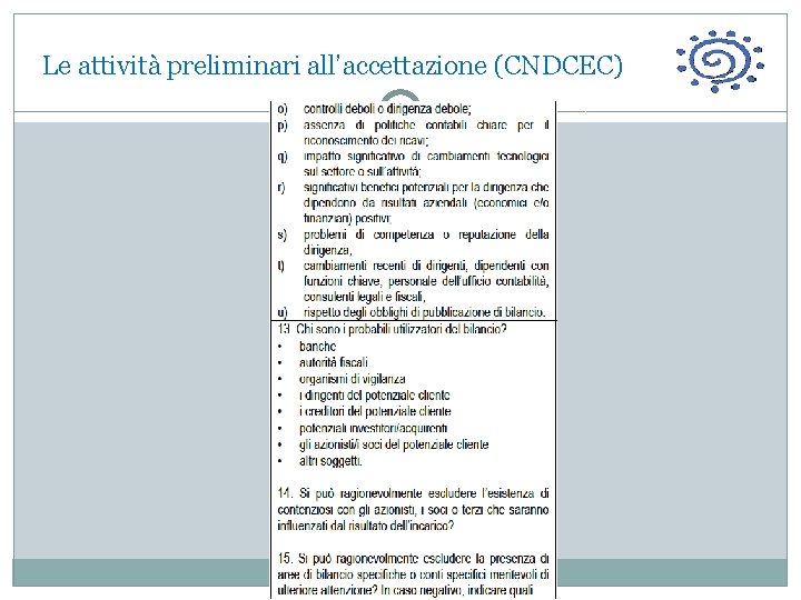  Le attività preliminari all’accettazione (CNDCEC) 