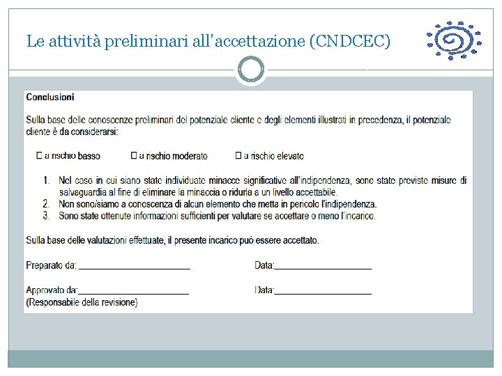  Le attività preliminari all’accettazione (CNDCEC) 