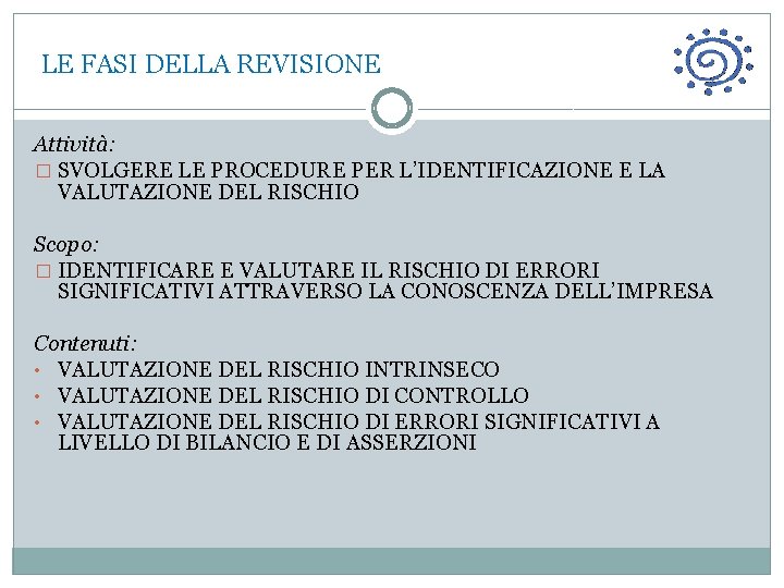  LE FASI DELLA REVISIONE Attività: � SVOLGERE LE PROCEDURE PER L’IDENTIFICAZIONE E LA