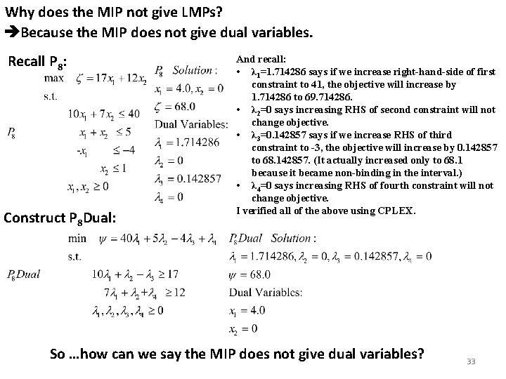 Why does the MIP not give LMPs? Because the MIP does not give dual