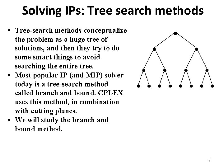 Solving IPs: Tree search methods • Tree-search methods conceptualize the problem as a huge