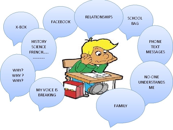 FACEBOOK RELATIONSHIPS SCHOOL BAG X-BOX PHONE TEXT MESSAGES HISTORY SCIENCE FRENCH. . . .