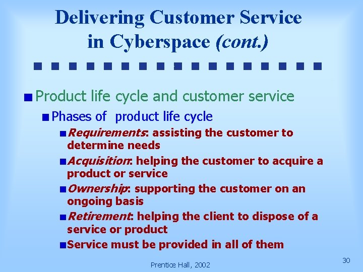 Delivering Customer Service in Cyberspace (cont. ) Product life cycle and customer service Phases
