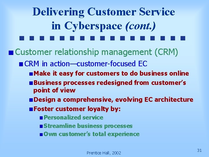 Delivering Customer Service in Cyberspace (cont. ) Customer relationship management (CRM) CRM in action—customer-focused