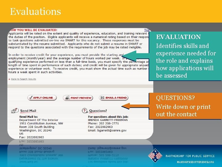 Evaluations EVALUATION Identifies skills and experience needed for the role and explains how applications