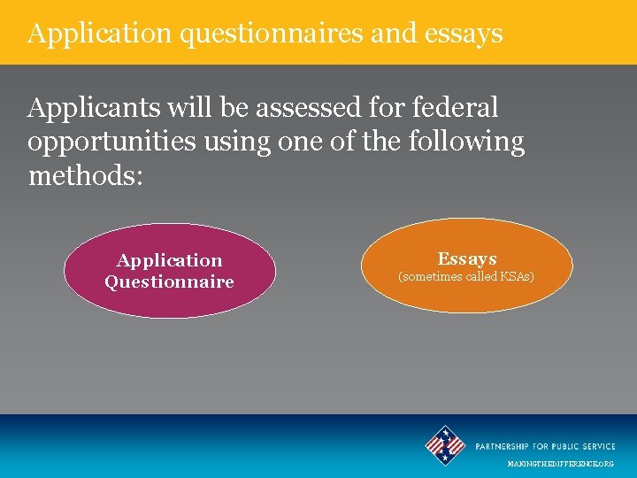 Application questionnaires and essays Applicants will be assessed for federal opportunities using one of