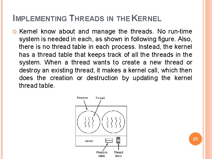 IMPLEMENTING THREADS IN THE KERNEL Kernel know about and manage threads. No run-time system