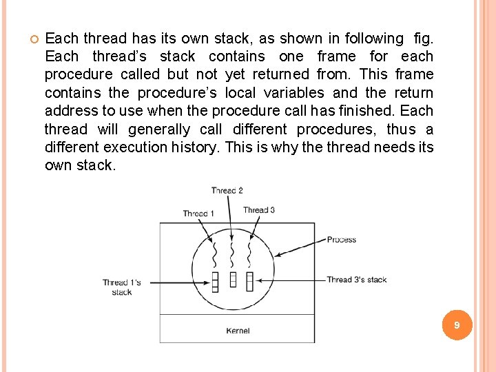  Each thread has its own stack, as shown in following fig. Each thread’s