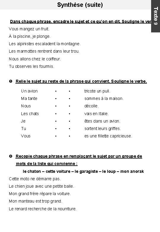 Texte 9 Synthèse (suite) Dans chaque phrase, encadre le sujet et ce qu’on en