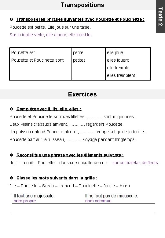  Transpose les phrases suivantes avec Poucette et Poucinette : Poucette est petite. Elle