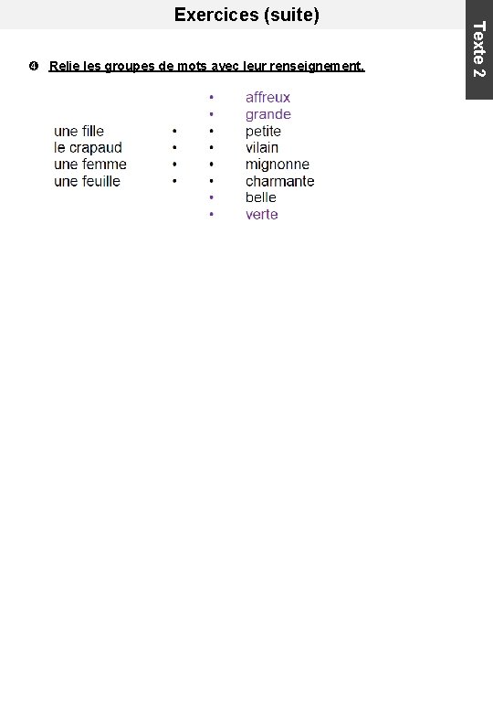  Relie les groupes de mots avec leur renseignement. Texte 2 Exercices (suite) 