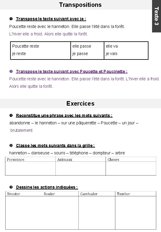  Transpose le texte suivant avec je : Poucette reste avec le hanneton. Elle