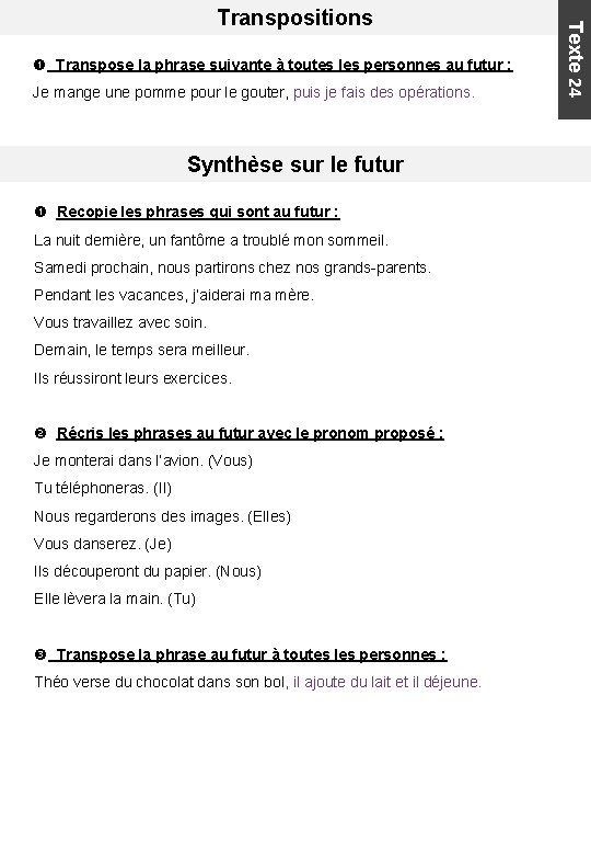  Transpose la phrase suivante à toutes les personnes au futur : Je mange