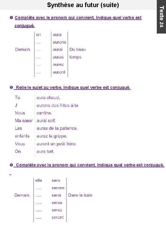  Complète avec le pronom qui convient. Indique quel verbe est conjugué. Texte 24