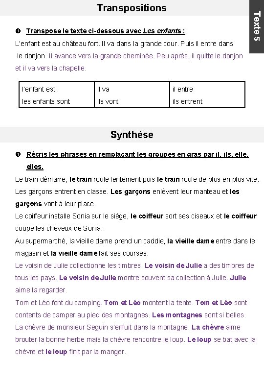  Transpose le texte ci-dessous avec Les enfants : L’enfant est au château fort.