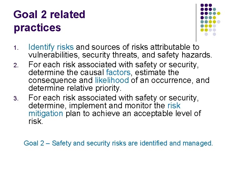 Goal 2 related practices 1. 2. 3. Identify risks and sources of risks attributable