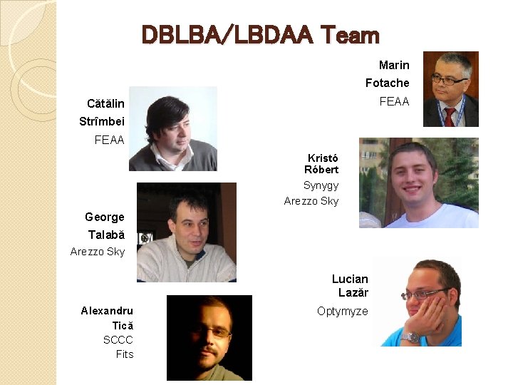 DBLBA/LBDAA Team Marin Fotache FEAA Cătălin Strîmbei FEAA Kristó Róbert Synygy Arezzo Sky George