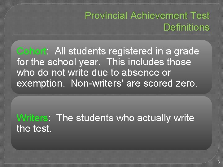 Provincial Achievement Test Definitions Cohort: All students registered in a grade for the school