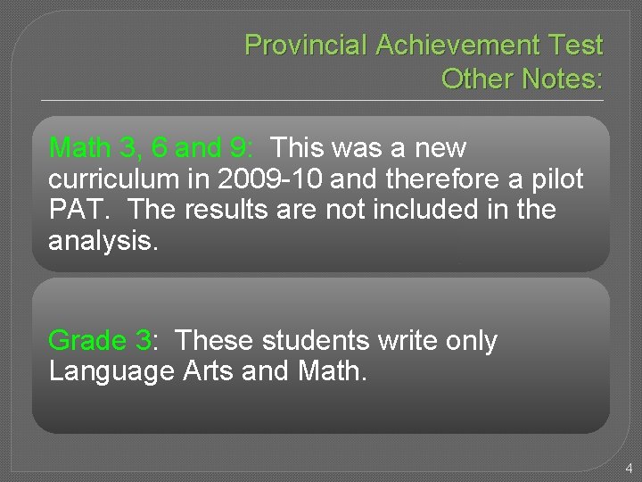 Provincial Achievement Test Other Notes: Math 3, 6 and 9: This was a new