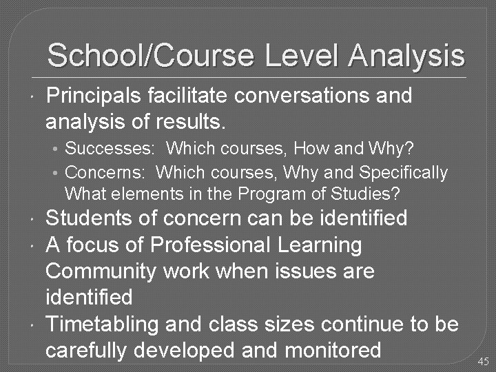 School/Course Level Analysis Principals facilitate conversations and analysis of results. • Successes: Which courses,