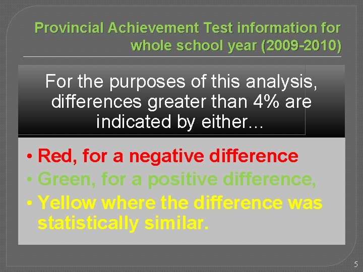 Provincial Achievement Test information for whole school year (2009 -2010) For the purposes of