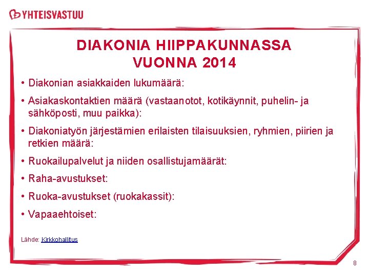 DIAKONIA HIIPPAKUNNASSA VUONNA 2014 • Diakonian asiakkaiden lukumäärä: • Asiakaskontaktien määrä (vastaanotot, kotikäynnit, puhelin-