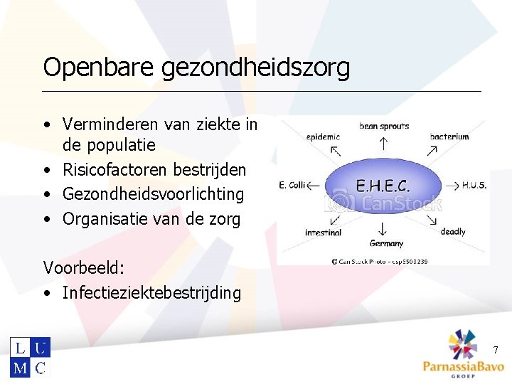 Openbare gezondheidszorg • Verminderen van ziekte in de populatie • Risicofactoren bestrijden • Gezondheidsvoorlichting