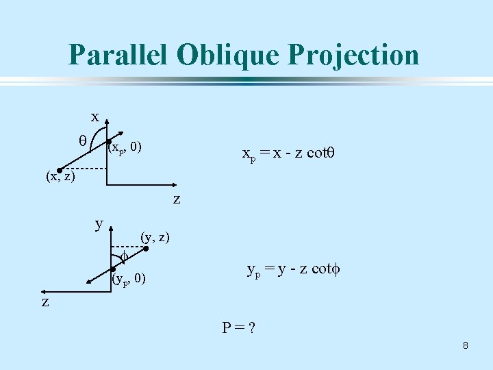 Parallel Oblique Projection x q (xp, 0) xp = x - z cotq (x,