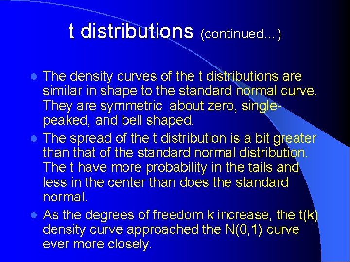 t distributions (continued…) The density curves of the t distributions are similar in shape