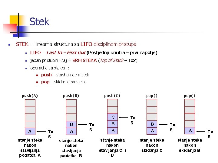 Stek n STEK = linearna struktura sa LIFO disciplinom pristupa n LIFO = Last