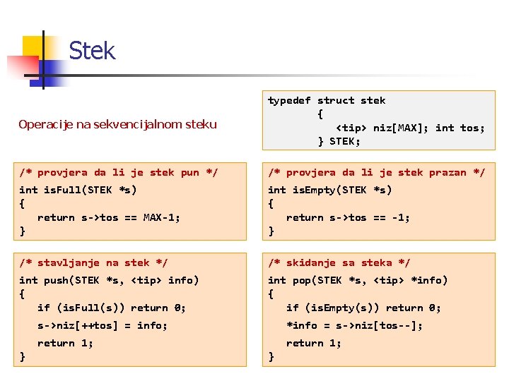 Stek Operacije na sekvencijalnom steku typedef struct stek { <tip> niz[MAX]; int tos; }