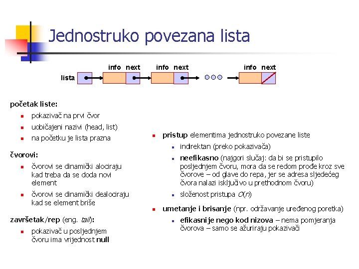 Jednostruko povezana lista info next lista početak liste: n pokazivač na prvi čvor n