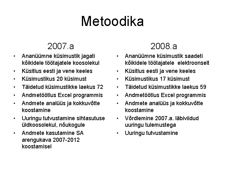 Metoodika 2007. a • • Ananüümne küsimustik jagati kõikidele töötajatele koosolekul Küsitlus eesti ja