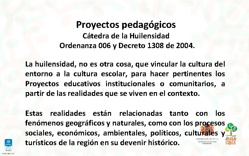 Proyectos pedagógicos Cátedra de la Huilensidad Ordenanza 006 y Decreto 1308 de 2004. La