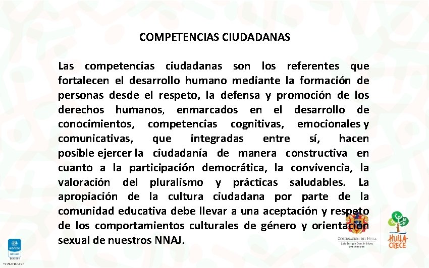 COMPETENCIAS CIUDADANAS Las competencias ciudadanas son los referentes que fortalecen el desarrollo humano mediante