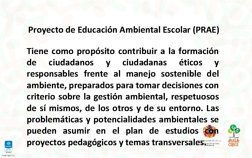 Proyecto de Educación Ambiental Escolar (PRAE) Tiene como propósito contribuir a la formación de