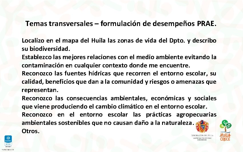 Temas transversales – formulación de desempeños PRAE. Localizo en el mapa del Huila las