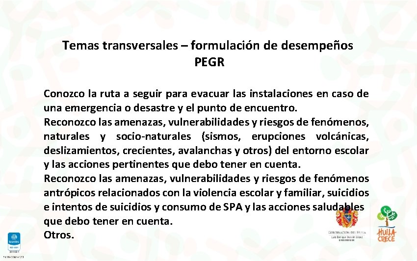  Temas transversales – formulación de desempeños PEGR Conozco la ruta a seguir para