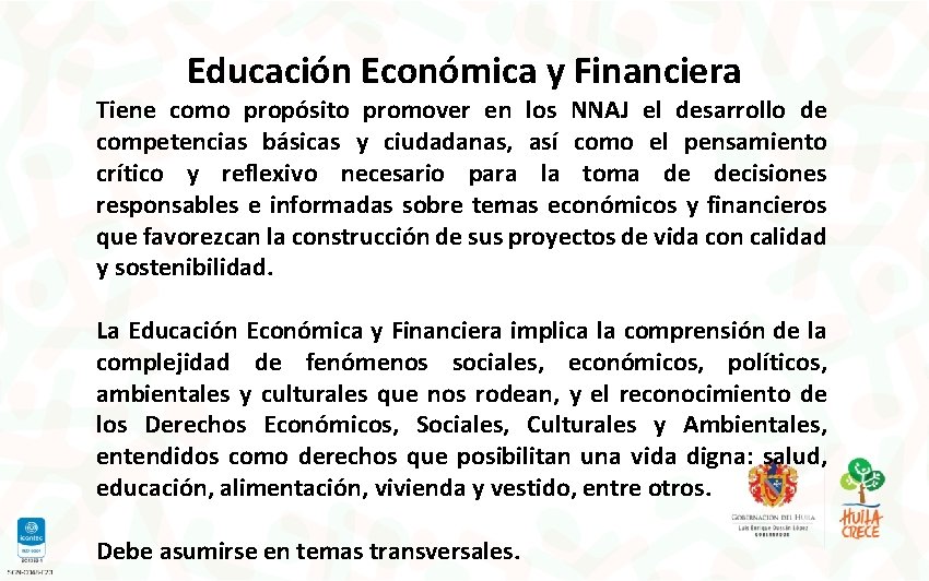 Educación Económica y Financiera Tiene como propósito promover en los NNAJ el desarrollo de Educación Económica y Financiera Tiene como propósito promover en los NNAJ el desarrollo de