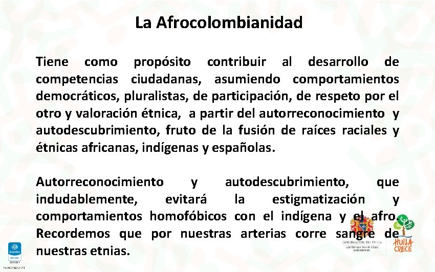  La Afrocolombianidad Tiene como propósito contribuir al desarrollo de competencias ciudadanas, asumiendo comportamientos