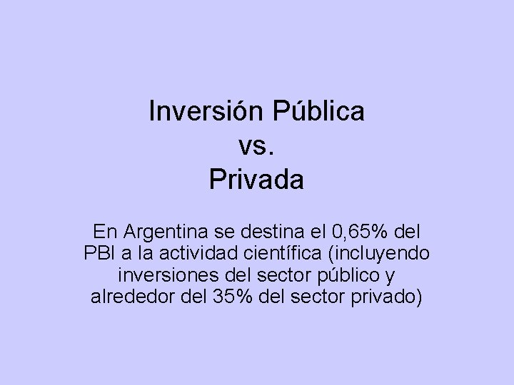 Inversión Pública vs. Privada En Argentina se destina el 0, 65% del PBI a Inversión Pública vs. Privada En Argentina se destina el 0, 65% del PBI a
