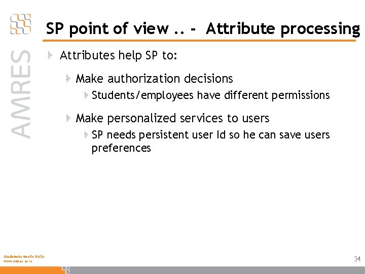 SP point of view. . - Attribute processing Attributes help SP to: Make authorization