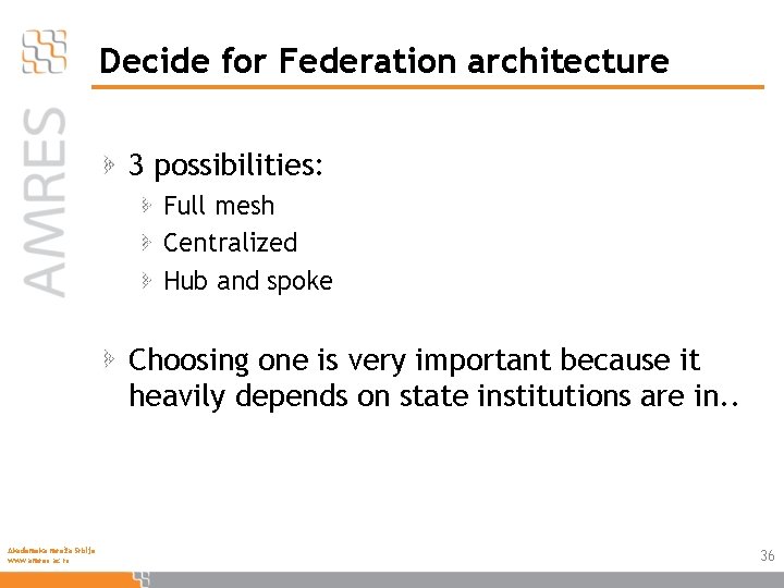 Decide for Federation architecture 3 possibilities: Full mesh Centralized Hub and spoke Choosing one