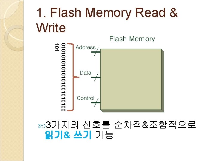 1. Flash Memory Read & Write 01010101001010100 101 3가지의 신호를 순차적&조합적으로 읽기& 쓰기 가능