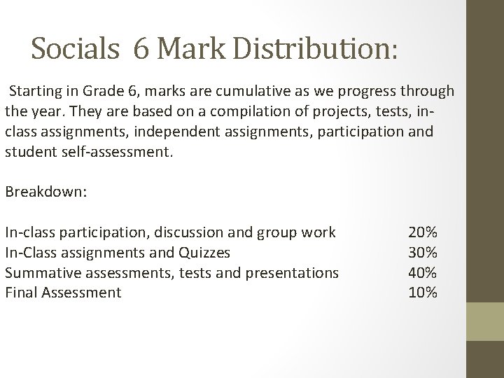 Socials 6 Mark Distribution: Starting in Grade 6, marks are cumulative as we progress